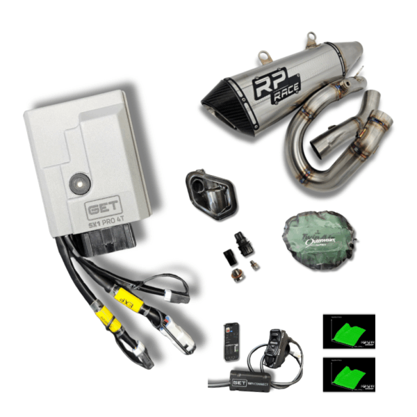 Power package stage 2 ECU • GET SX1-PRO ECU with D-Spec custom mapping, map switch, and Wi-Fi module • Airboot with velocity stack (eliminates reed valves) • Hardware to remove header pipe sensor and evap canister • Outerwears waterproof air filter protection • RP RACE full exhaust system